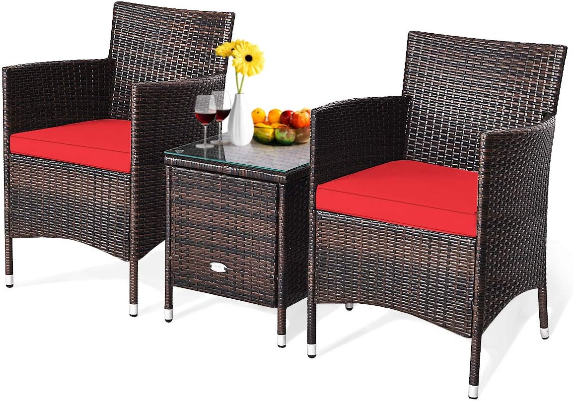 HAPPYGRILL 3-Piece Patio Furniture Set Outdoor Rattan Wicker Conversation Set with Coffee Table Chairs & Thick Cushions Bistro Sets for Patio Garden Lawn Backyard Pool