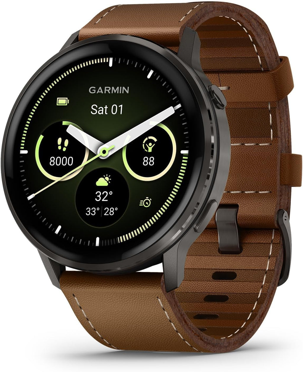 Garmin Venu 4 (45mm) Smartwatch – GPS, AMOLED, Sleep Coach, Body Battery, Slate w/Black Band and Brown Leather Band Bundle w/Deco Essentials Charging Dock, 3-Pack Dust Covers & 1.4' Screen Protector