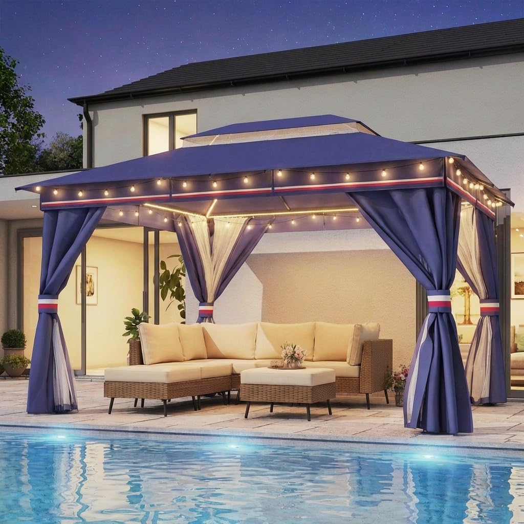 LAUSAINT HOME 10'x13' Outdoor Gazebo with 50FT String Lights, Metal Heavy Duty Patio Canopy Tent with Double Roofs, Mosquito Nettings and Privacy Screens for Backyard, Garden, Lawn, Classic Blue