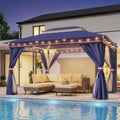LAUSAINT HOME 10'x13' Outdoor Gazebo with 50FT String Lights, Metal Heavy Duty Patio Canopy Tent with Double Roofs, Mosquito Nettings and Privacy Screens for Backyard, Garden, Lawn, Classic Blue