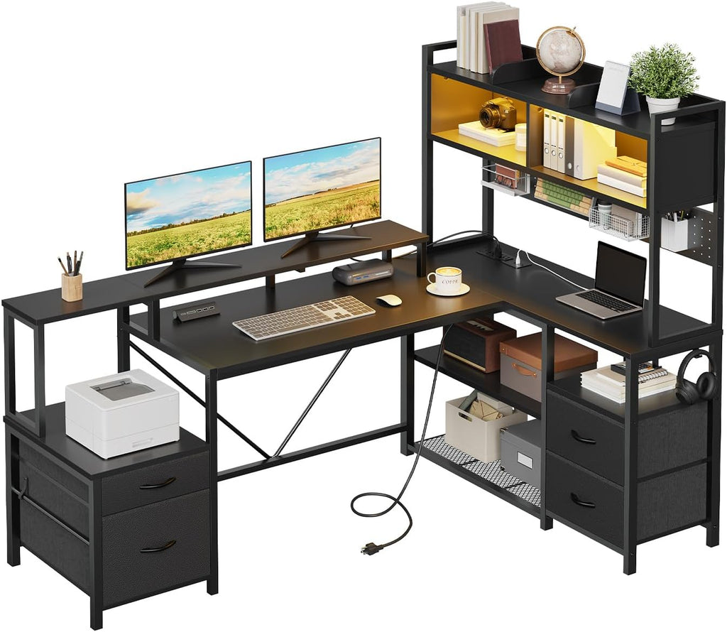 RALGEND 75' L Shaped Gaming Desk with Hutch, L Shaped Desk with Drawers, LED Light, Power Outlets & Pegboard, Corner Desk with Storage Shelves & Monitor Stand for Home Office, Black