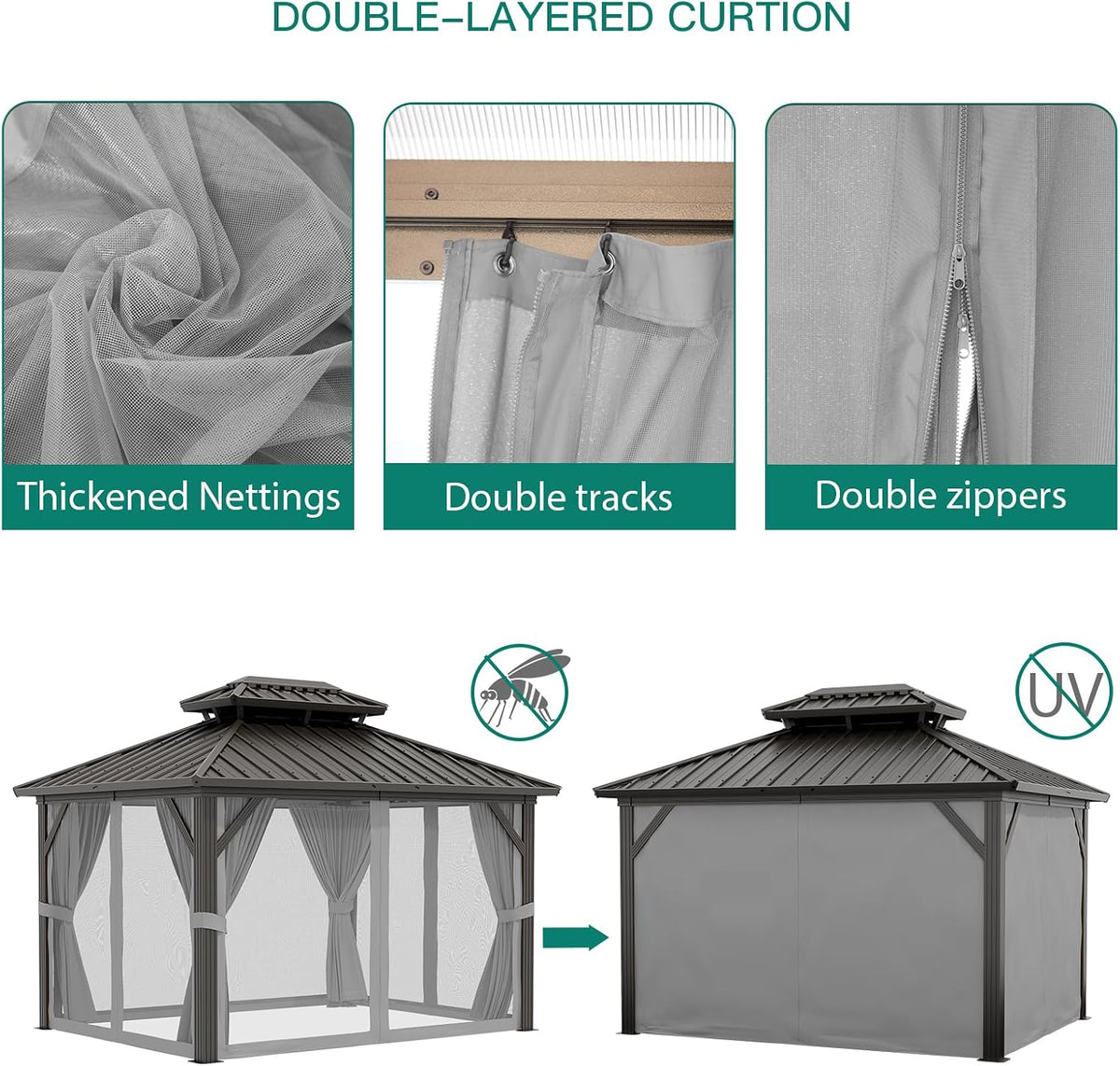 GarveeLife 10x12 ft Double Roof Hardtop Gazebo, Heavy Duty Galvanised Steel Hardtop Pavilion with Nettings and Curtains, Aluminum Gazebo for Patio, Terrace, Lawn and Deck, Grey