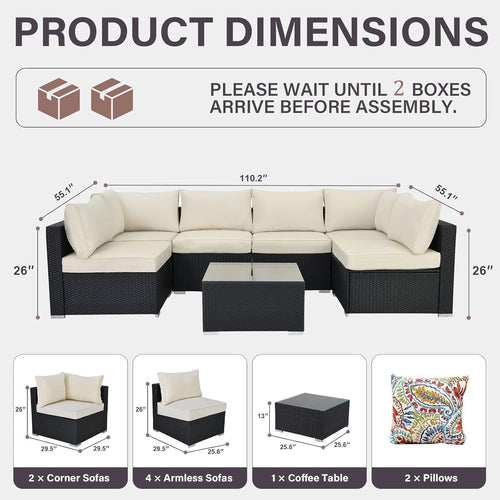 7-Piece Outdoor Patio Furniture Set – Handwoven All-Weather Rattan & 4' Thick Waterproof Cushions, Wicker Outdoor Conversation Sets with Coffee Table for Deck, Backyard, Garden, 2026, Black/Beige