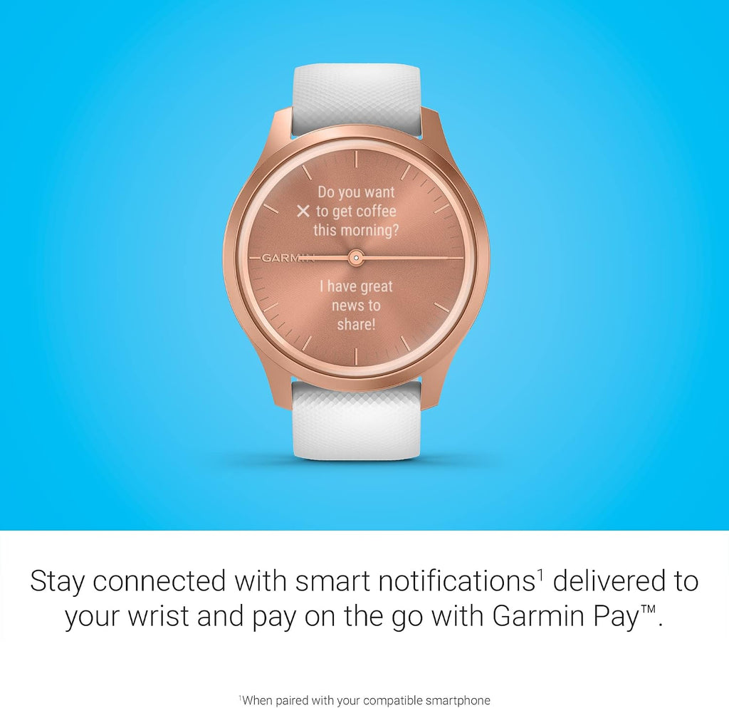 Garmin vivomove Style, Hybrid Smartwatch with Real Watch Hands and Hidden Color Touchscreen Displays, Rose Gold with White Silicone Band