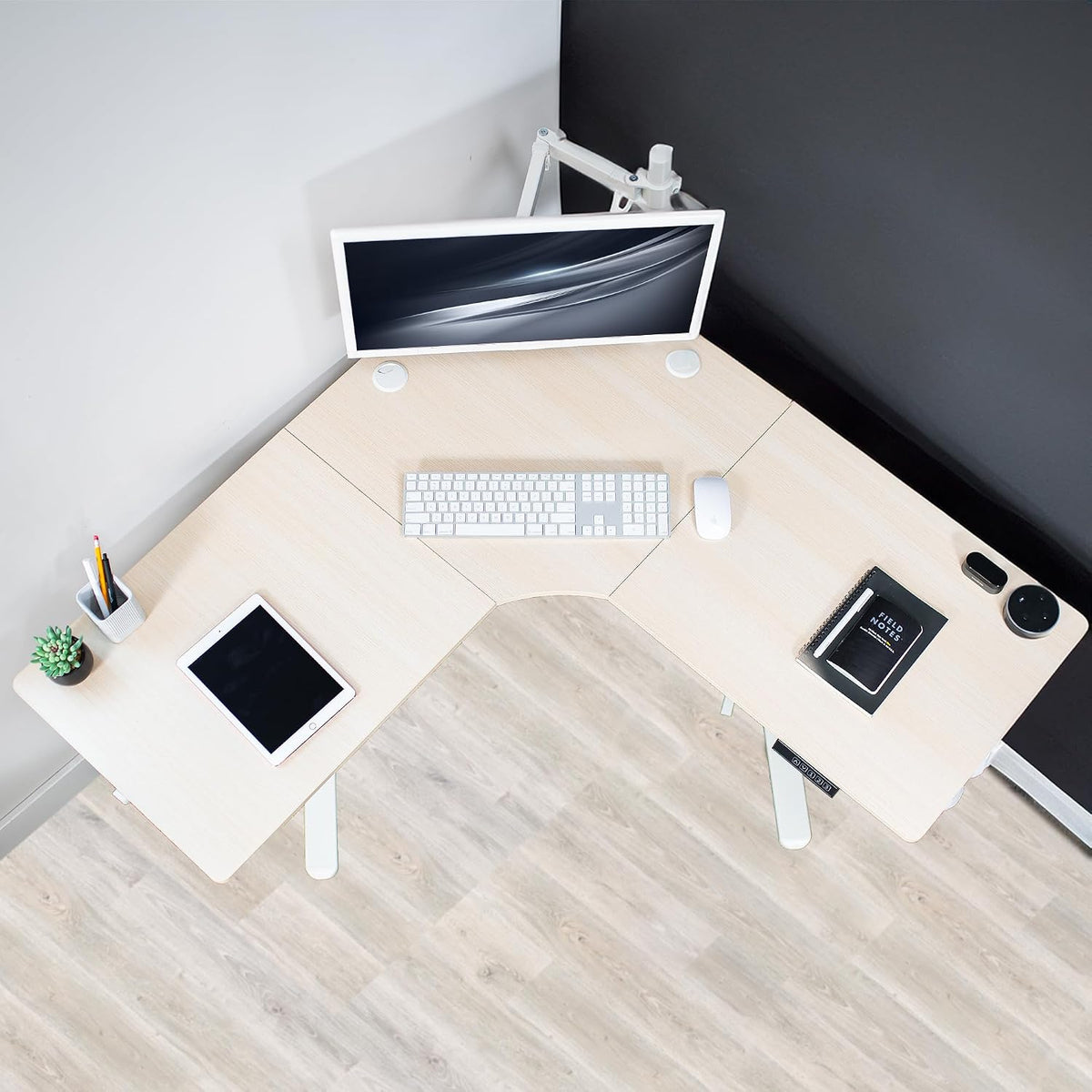 VIVO Electric Corner L-Shaped 47 x 47 in Standing Desk, Memory Height Adjustment, Light Wood Top White Frame, DESK-E1L94C