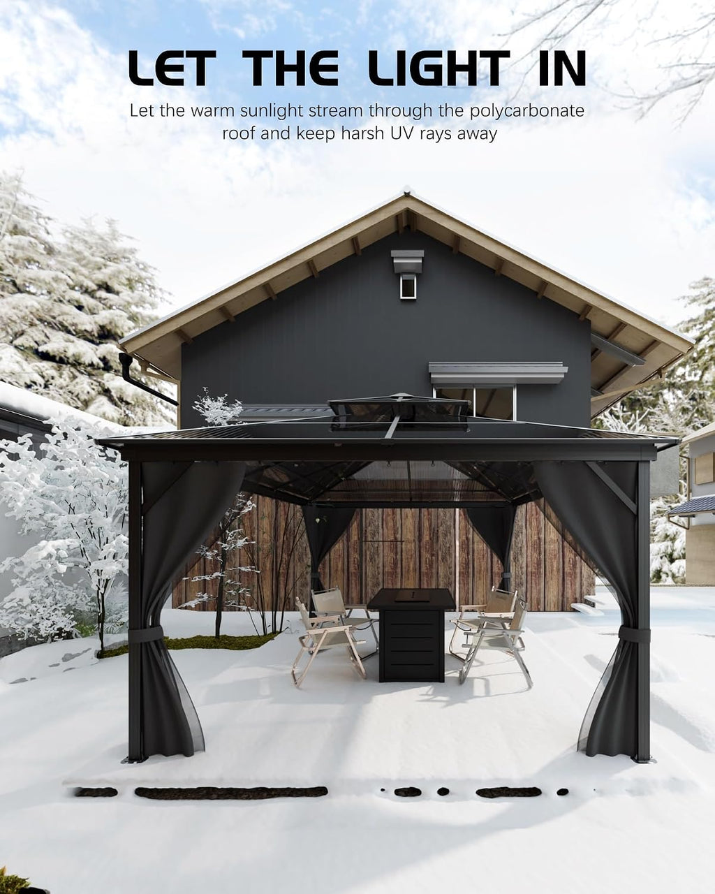 GarveeLife Hardtop Gazebo 12 ft x16 ft for All Weather, Double Polycarbonate Sheets Roof, Aluminum Alloy Frame, Net, and Curtain, Permanent Building for Patio, Deck, Backyard, Lawn, and Garden