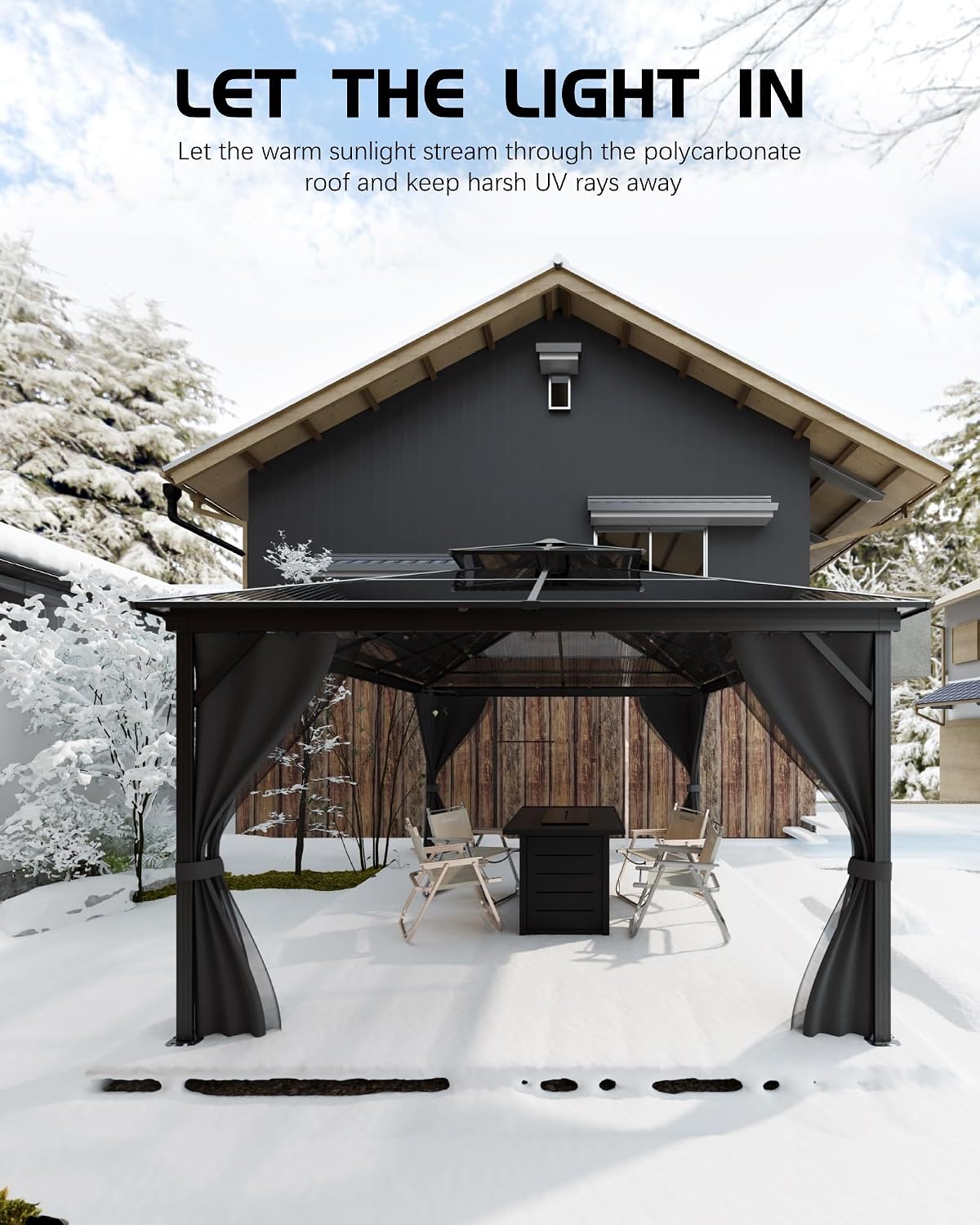 GarveeLife Hardtop Gazebo 12 ft x16 ft for All Weather, Double Polycarbonate Sheets Roof, Aluminum Alloy Frame, Net, and Curtain, Permanent Building for Patio, Deck, Backyard, Lawn, and Garden