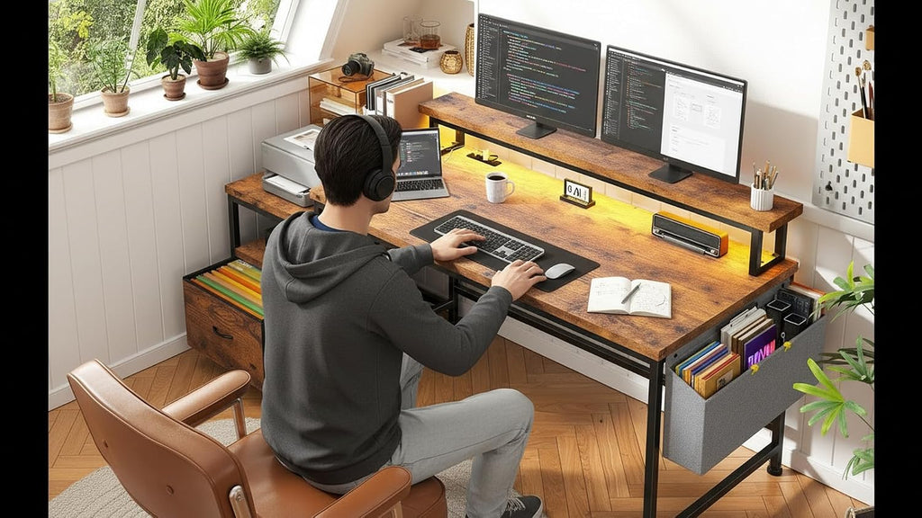 DurayLoly Computer Desk with Monitor Stand,Office Desk with LED Lights &Power Outlets,Gaming Desk with Drawers & Printer Shelf,Writing Table with Side Storage Bag,57' W x 20' D x 36' H,Rustic Brown
