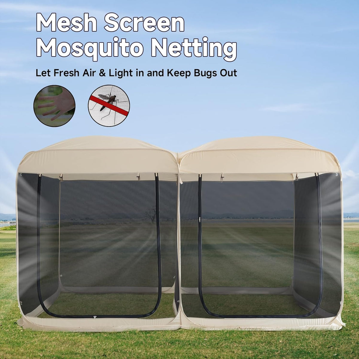 Alvantor® Screen House Room 2024 Upgraded 2 in 1 Screen Tent PoP Up Gazebo® with Mesh Mosquito Netting, Sun Shade Outdoor Canopy for Patio, Camping, Backyard and Outside Activities- 12' x 7.5', Beige