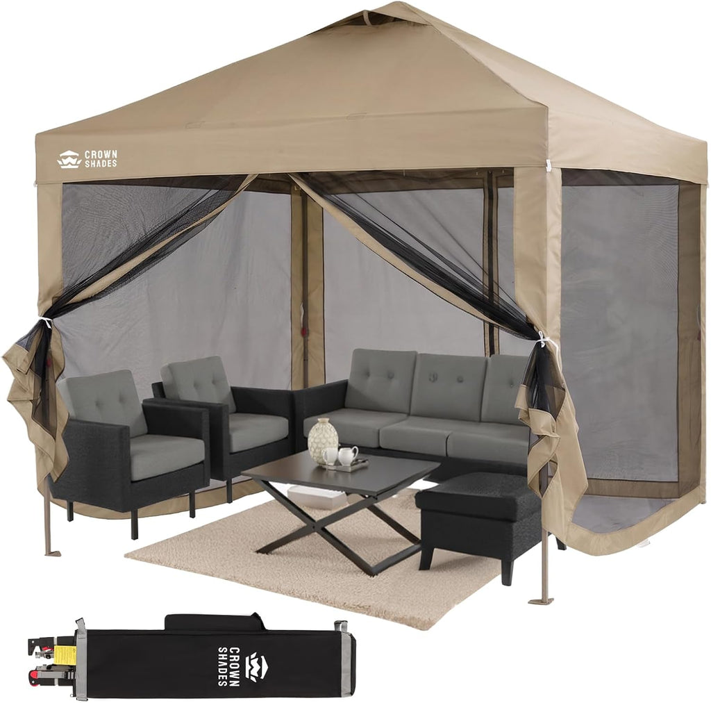 CROWN SHADES Gazebo 10x10 Pop Up Canopy with Mosquito Netting, Screen Tent with 4 Ropes, 8 Stakes, 4 Sandbags and Wheeled Storage Bag, Canopy for Patio & Backyard Parties,Camping&Events -(Beige)