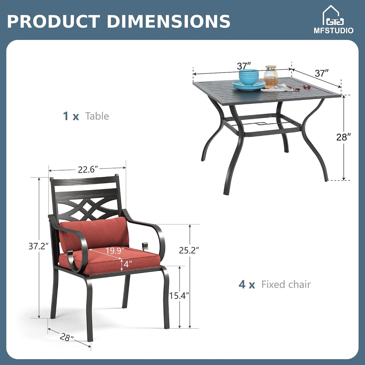 MFSTUDIO Patio Table and Chairs Set, Outdoor Dining Set for 4 with Umbrella Hole, 5 Piece Patio Dining Sets for Deck,(Red)