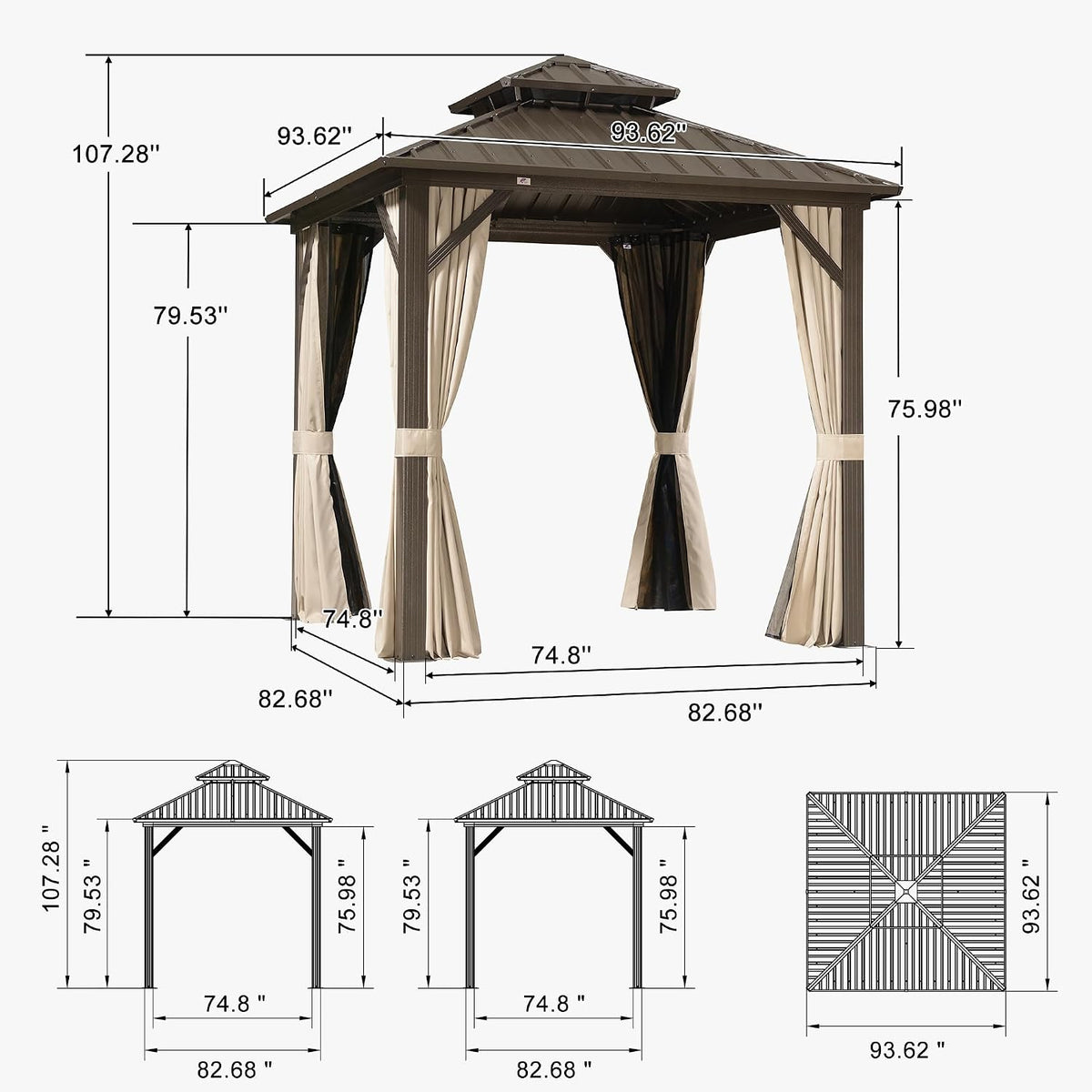 PURPLE LEAF 8' X 8' Outdoor Hardtop Gazebo Metal Frame Galvanized Steel Double Roof with Curtains and Nettings for Patio Desk Backyard Bronze