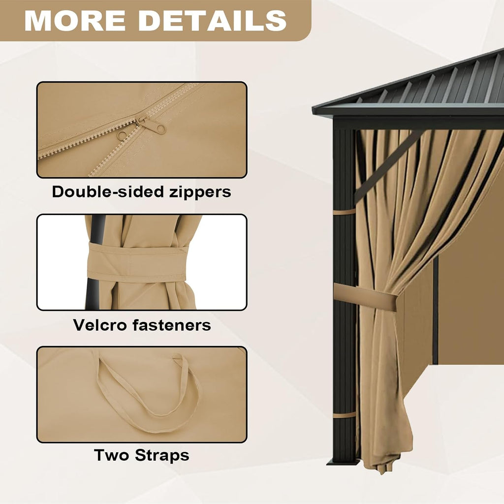 slashome 10'x10' Gazebo Curtains Outdoor Waterproof, Khaki Universal Replacement Curtain 4-Panels, Sidewalls with Zipper for Garden, Patio, Yard (Only Curtains)