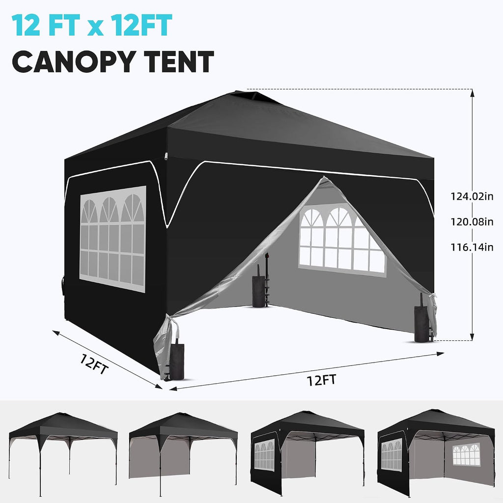 GDY 12x12FT Pop Up Canopy Tent with One Push Setup, Easy to Install with 4-Sidewalls for Events, Parties, Camping, Outdoor Gazebo with 4-Sandbags, Black.