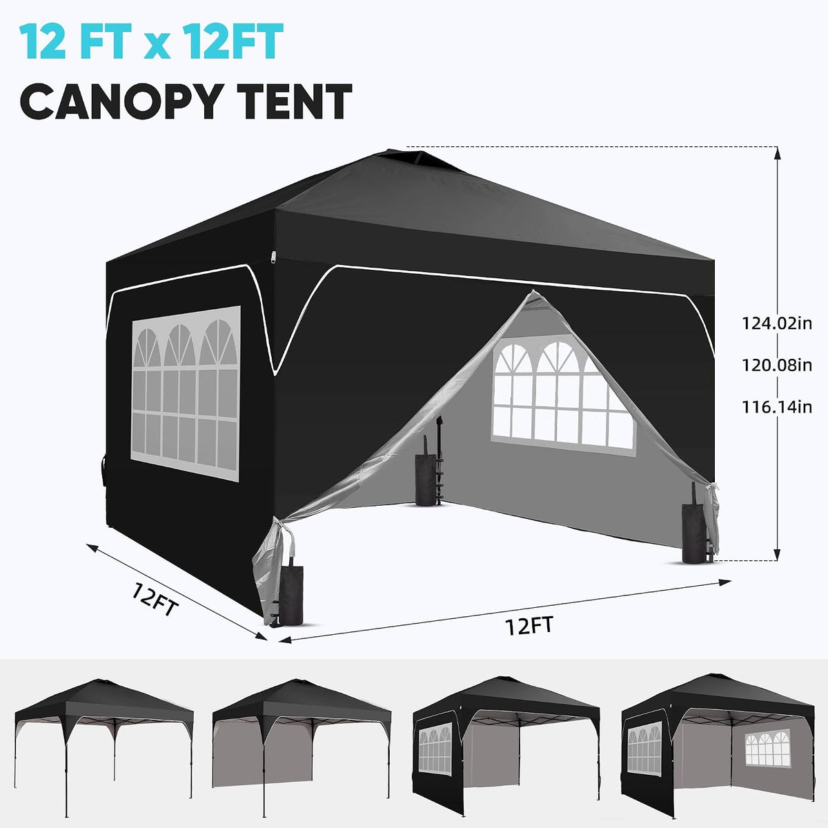 GDY 12x12FT Pop Up Canopy Tent with One Push Setup, Easy to Install with 4-Sidewalls for Events, Parties, Camping, Outdoor Gazebo with 4-Sandbags, Black.