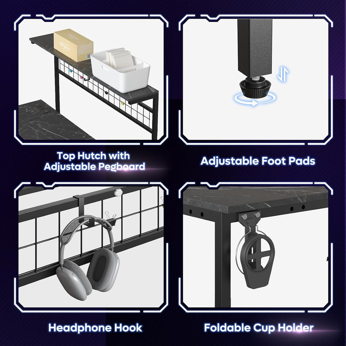 Bestier Gaming Desk 51' L-Shaped, with Power Outlets & LED Lights- 4 Tier Shelves, Reversible Gamer Table with Hooks & Cup Holder for Home Office Black Marble