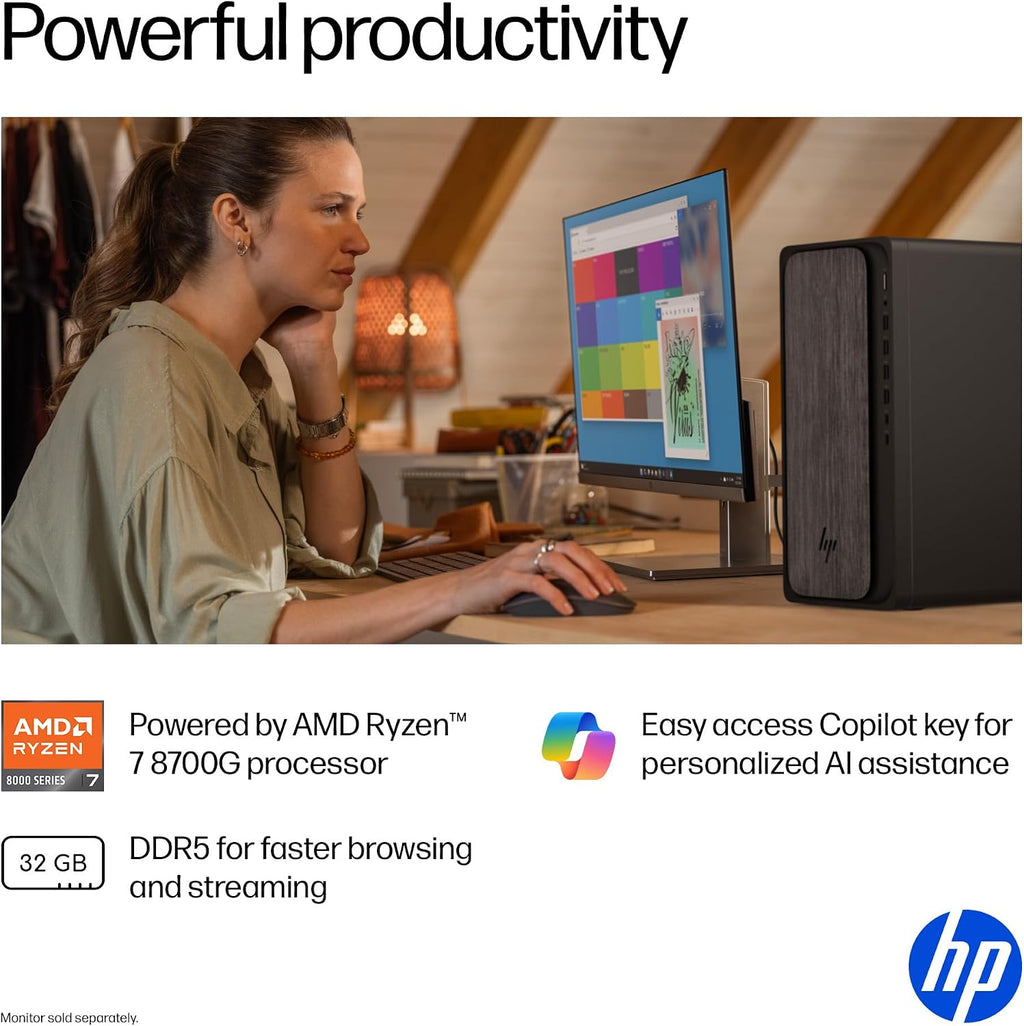 HP OmniDesk (Next-gen Envy) Tower Desktop Computer, AMD 6-Core Ryzen 7 8700G, 32GB DDR5, 2TB SSD, WiFi 6, Bluetooth 5.4, Dual 4K Support, Radeon 740M Graphics