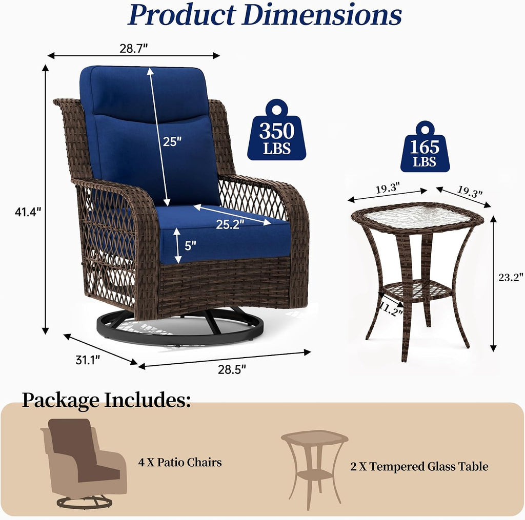 PIZZELLO Patio Bistro Set 6 Piece Wicker Rocking Chairs Sets Outdoor Swivel Chair Furniture Set with Rattan Side Table, 5' Thick Cushion Glide Rocker for Outside Porch Deck Garden Backyard