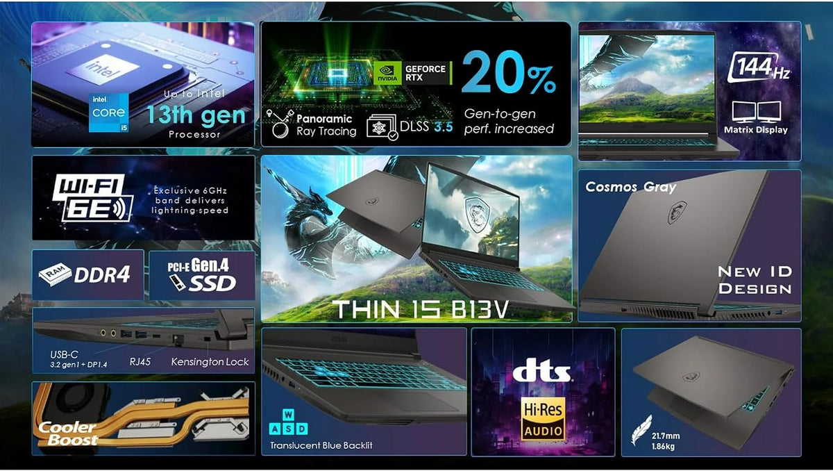 msi Thin 15.6 inch FHD 144Hz Gaming Laptop, AMD Ryzen 5 7535HS, 16GB RAM, 512GB SSD, NVIDIA GeForce RTX 4050, Webcam, Backlit Keyboard, Gray, Windows 11 Home