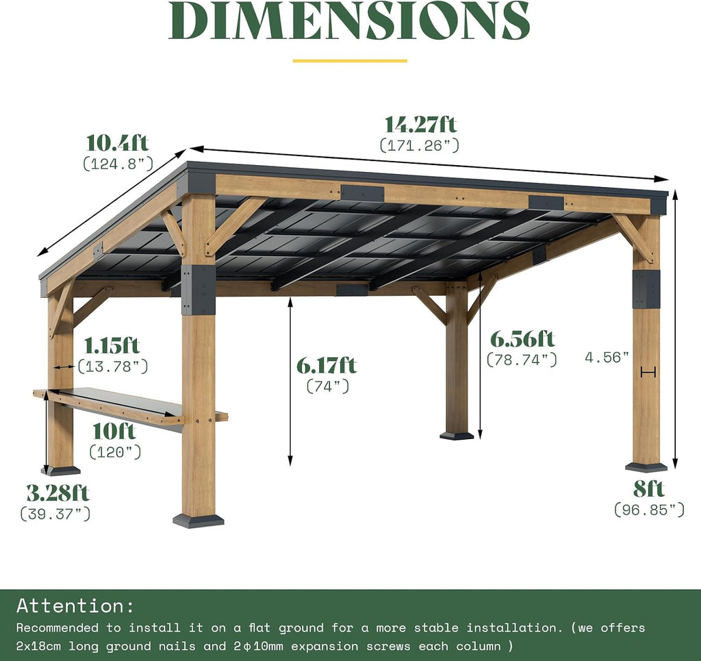 AMERLIFE 10x14 FT Spruce Wood Grill Gazebo with Bar Shelf, Hardtop BBQ Pavilion with Sloped Galvanized Steel Roof, Lean-to Outdoor Pergola for Deck, Backyard, Garden
