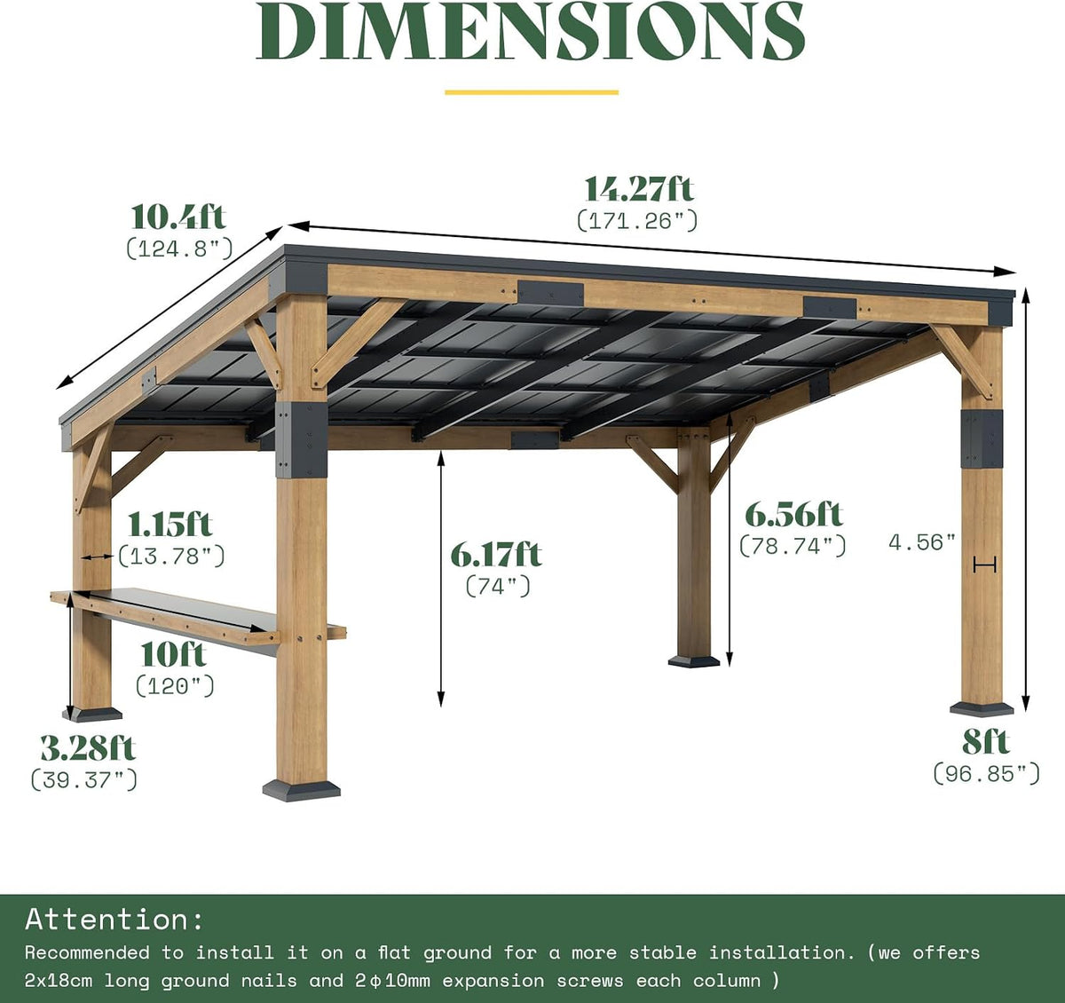 AMERLIFE 10x14 FT Spruce Wood Grill Gazebo with Bar Shelf, Hardtop BBQ Pavilion with Sloped Galvanized Steel Roof, Lean-to Outdoor Pergola for Deck, Backyard, Garden