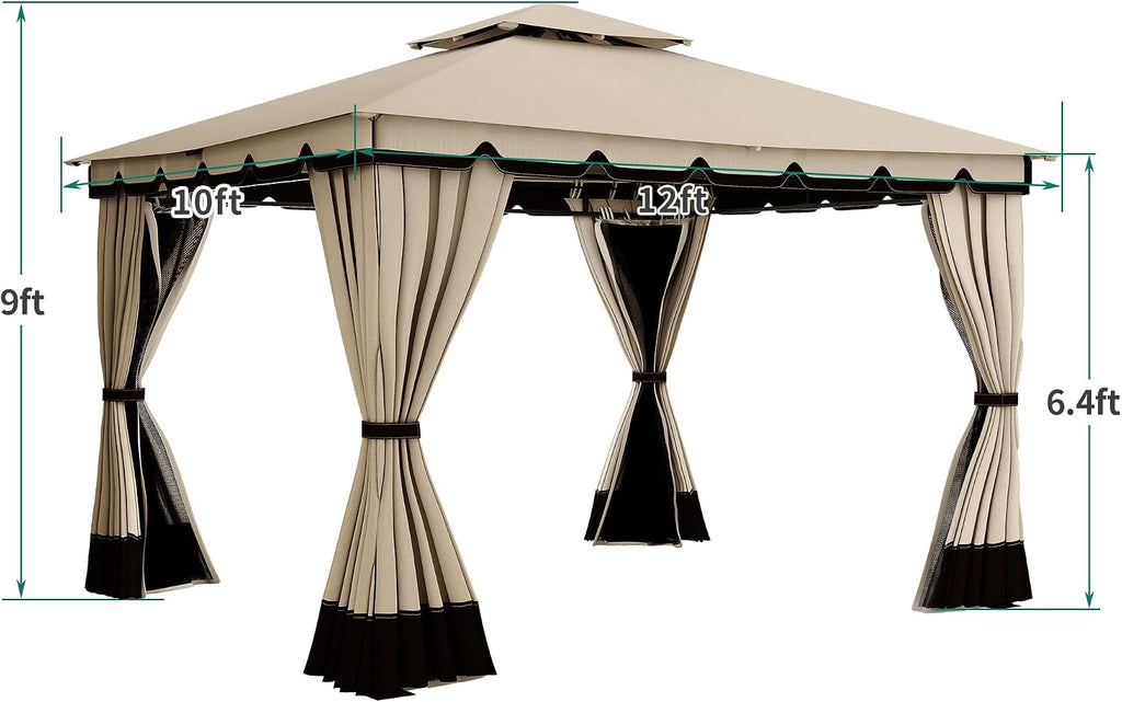 YITAHOME 10x12FT Patio Gazebo Event Shelters Outdoor Double Roof Canopy Gazebo w/Netting & Curtains, Soft Fabric Top Garden Winds Tent with Steel Frame Privacy Screens for Backyard, Garden, Lawn
