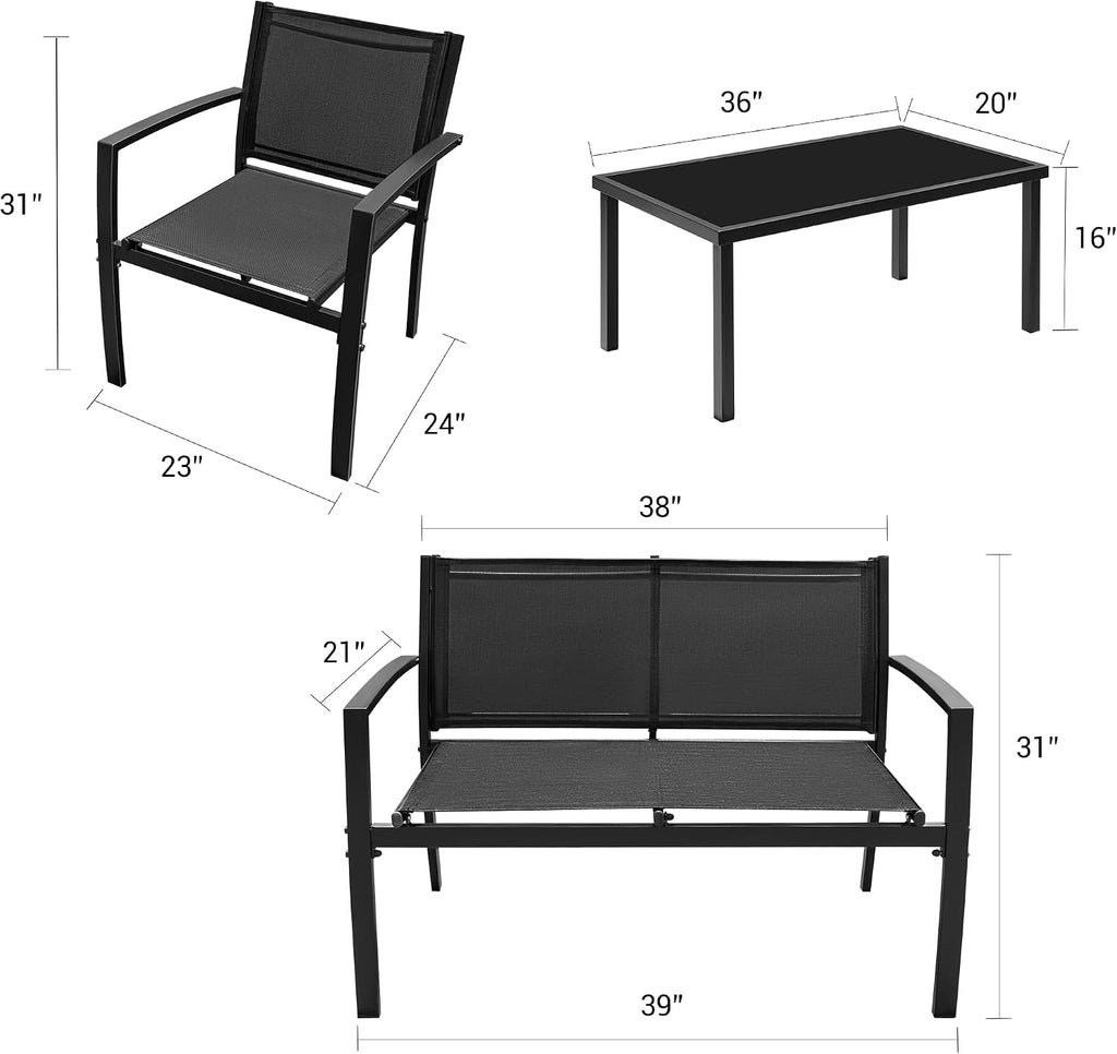 Flamaker 4 Pieces Outdoor Patio Furniture Textilene Modern Conversation Black Bistro Set with Loveseat Tea Table for Home, Lawn and Balcony