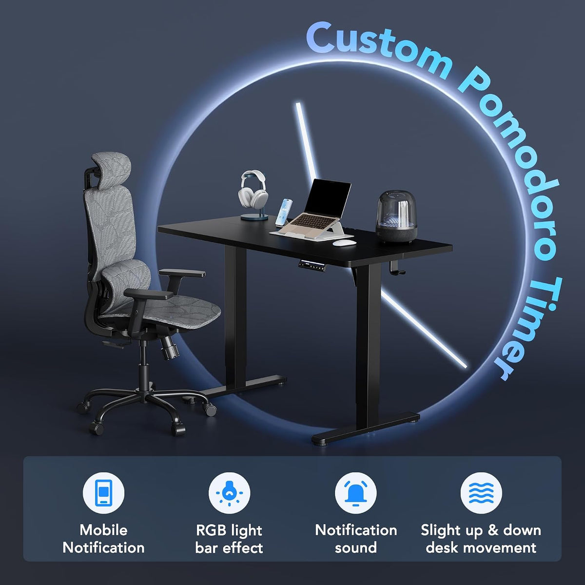 HUANUO 32' AI Smart Standing Desk with App-Synced Sedentary Reminders, Electric Height Adjustable Desk with Body-Data Ergonomic Presets, Voice Control Alexa/Google/Siri, 3 Memory Settings Table, Black