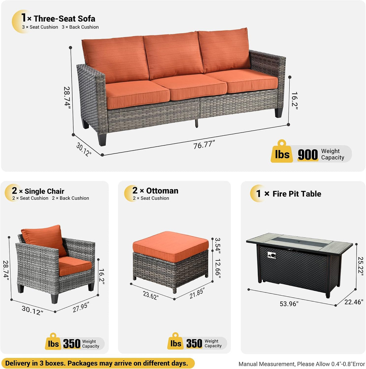 ovios 6 Pieces Patio Furniture Set with 54' Fire Pit Table, Outdoor Wicker Sofa with Comfy Cushions, All Weather High Back Rattan Couch Conversation Set, Orange Red
