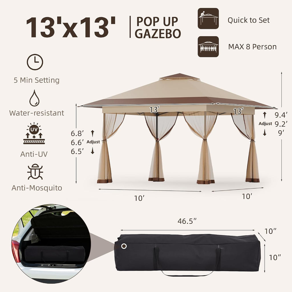 Bezseller 13x13 Pop Up Gazebo with Mosquito Netting – Easy 1-Person Setup, Water-Resistant Backyard Canopy for Family Patio & Garden Use,Khaki