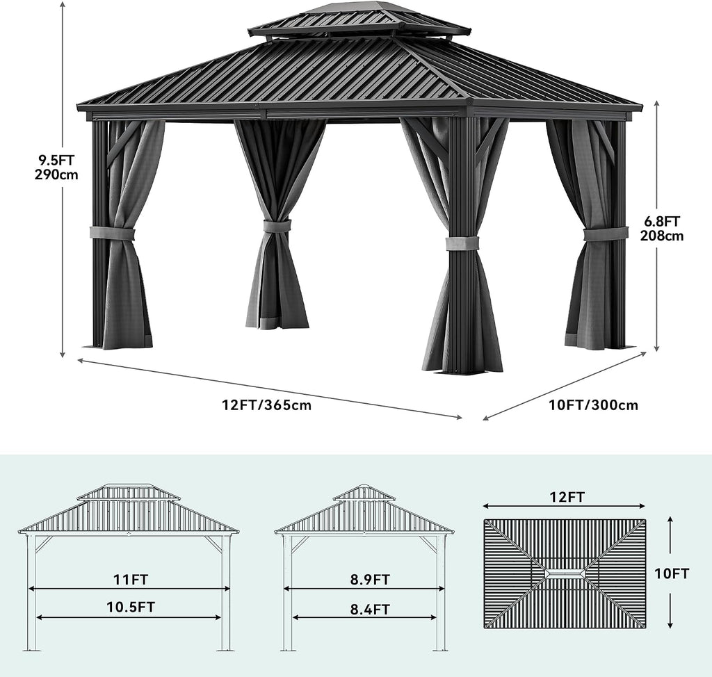 YITAHOME 10X12FT Hard Top Metal Gazebo Patios Double Roof Canopy Aluminum Frame Garden Gazebo Tent Curtains Netting for Patios Backyards Decks Lawns Gray