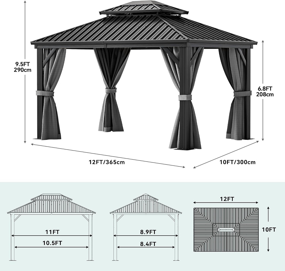 YITAHOME 10X12FT Hard Top Metal Gazebo Patios Double Roof Canopy Aluminum Frame Garden Gazebo Tent Curtains Netting for Patios Backyards Decks Lawns Gray