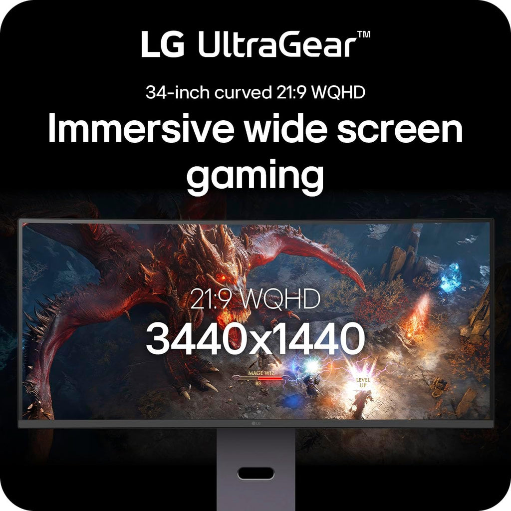 LG 34G600A-B 34-inch Ultragear WQHD (3440 x 1440) Curved Gaming Monitor 160Hz, AMD FreeSync Premium, HDR10, Built-in Speaker, Reader Mode, HDMI 2.1, DisplayPort, Tilt/Height/Swivel Stand, Black