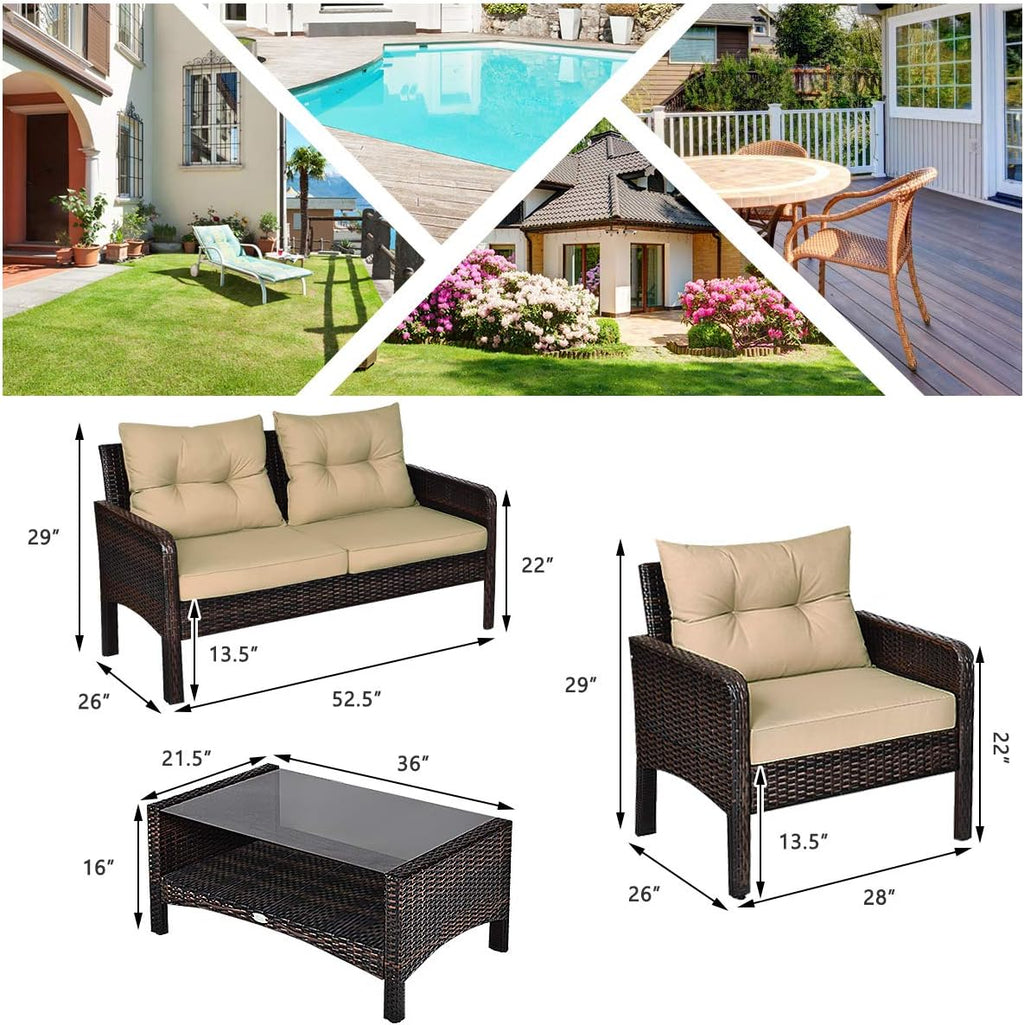 HAPPYGRILL 4-Piece Patio Furniture Outdoor Rattan Wicker Sofa Set with Cushions & Coffee Table with Tempered Glass Table Top and Storage Shelf