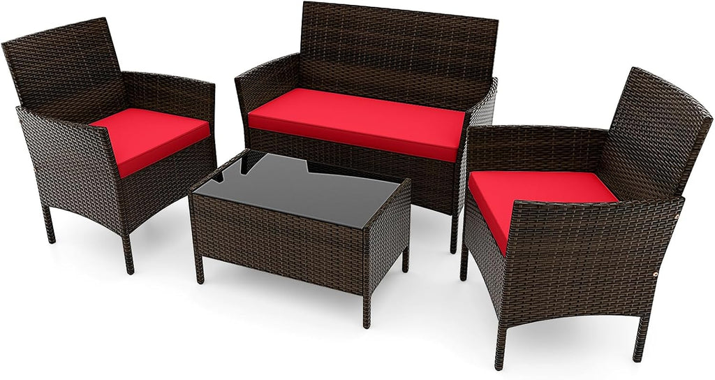 ORALNER 4 Pieces Patio Furniture Set, Rattan Chairs Loveseat with Soft Cushion and Glass Table, Outdoor Wicker Conversation Set for Balcony Garden Backyard Porch Poolside (Red)