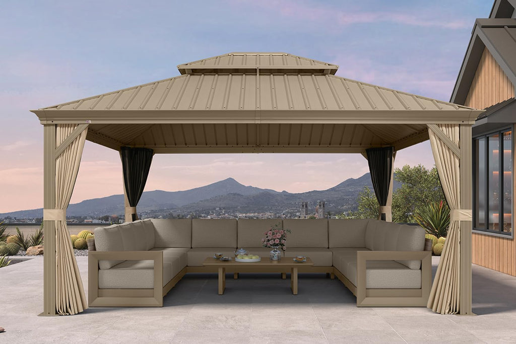 PURPLE LEAF Outdoor Gazebo 13'X15'，Champagne Hardtop Gazebo with Galvanized Steel Double Roof, Permanent Patio Gazebo with Curtains and Netting for Patio Lawn Garden and Deck