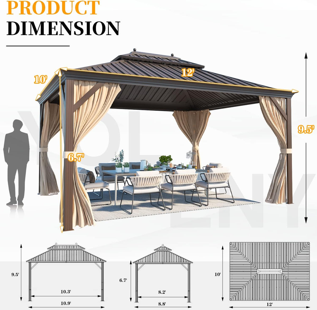 YOLENY 10' x 12' Hardtop Gazebo with Double Galvanized Steel Roof & Gutters, Aluminum Frame Pergolas with Curtains and Netting, Metal Outdoor Gazebos for Patios, Garden, Lawns, Parties