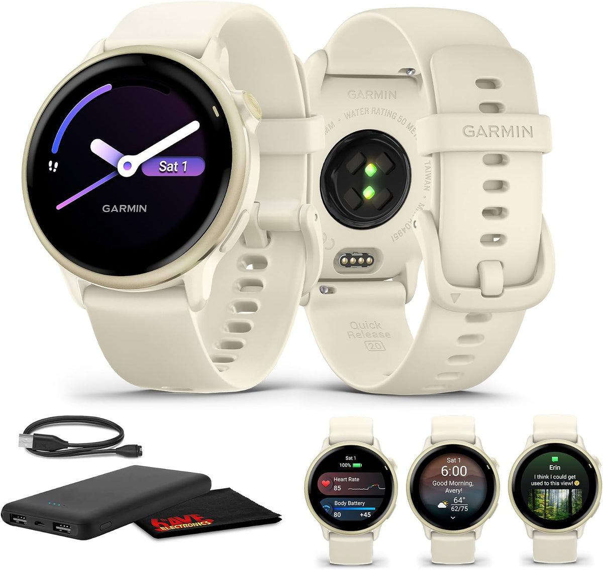 Garmin Vivoactive 6 Fitness GPS Smartwatch AMOLED Display Lunar Gold with Bone Silicone Band, 11-Day Battery, 80+ Sports Modes, Activity Tracking Smart Features, Music, Contactless Payments Bundle