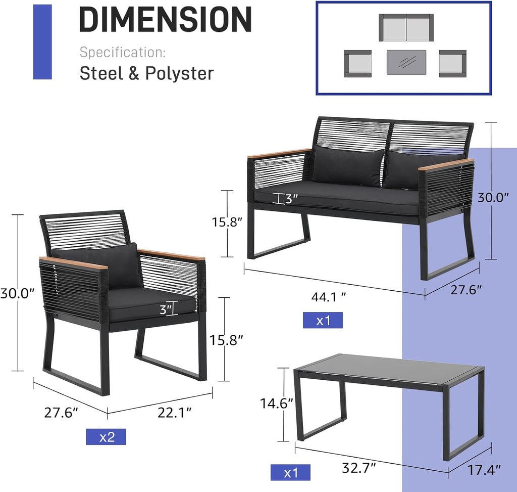 Patiorama 4 Piece Patio Furniture Set, Outdoor Wicker Bistro Set, All-Weather Black PE Rattan Conversation Set w/Coffee Table, Loveseat, Wood-Like Armrest, Cushions for Garden Balcony Deck, Dark Grey