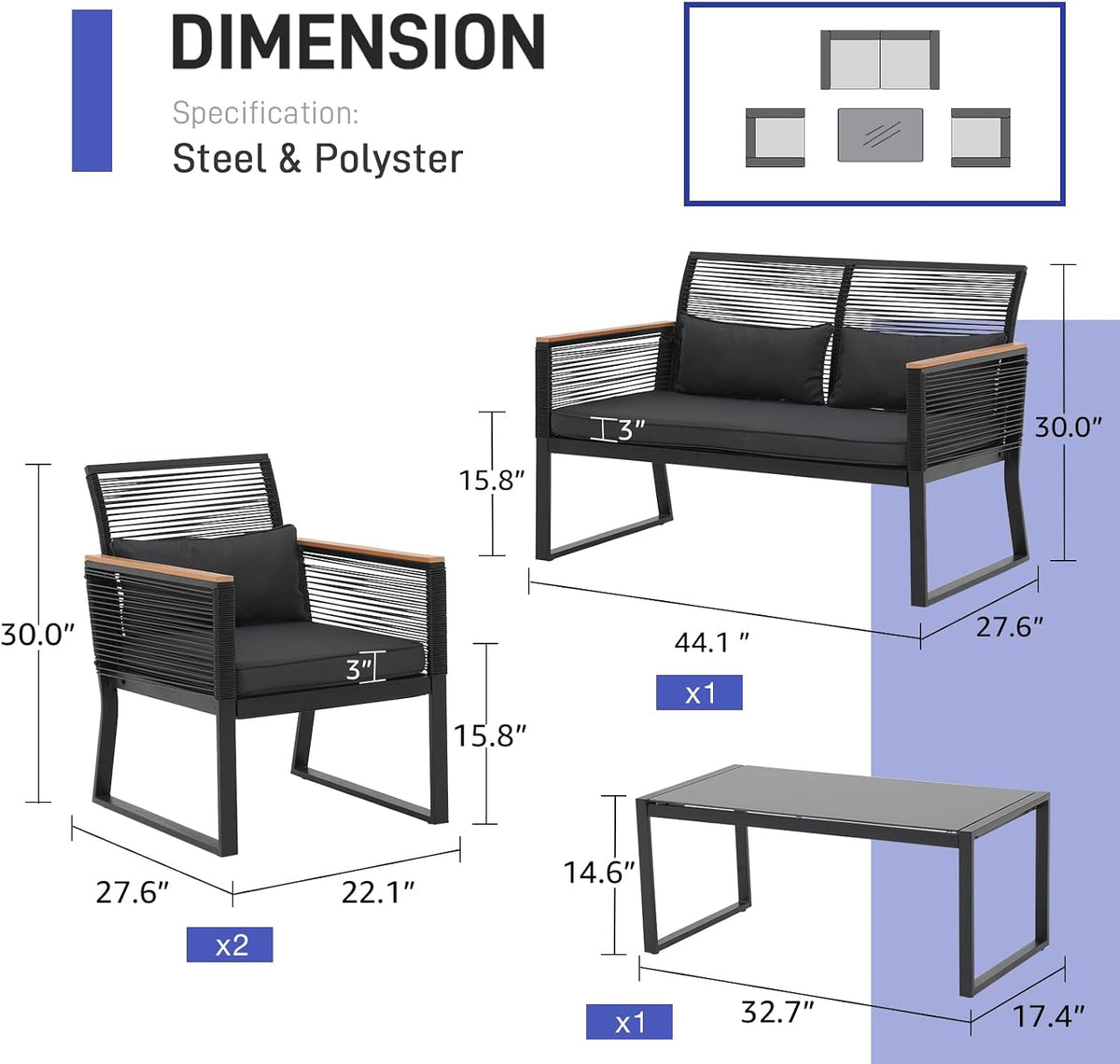 Patiorama 4 Piece Patio Furniture Set, Outdoor Wicker Bistro Set, All-Weather Black PE Rattan Conversation Set w/Coffee Table, Loveseat, Wood-Like Armrest, Cushions for Garden Balcony Deck, Dark Grey