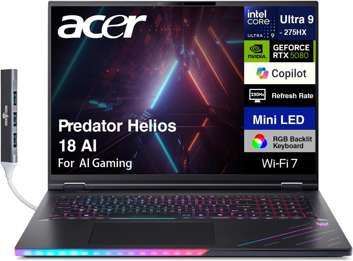 acer Predator Helios 18 AI Gaming Laptop 18' 250Hz 1000 nits Mini-LED WQXGA (Intel Ultra 9-275HX, GeForce RTX 5080 16GB, 32GB DDR5, 4TB SSD, 2 Thunderbolt 5, Win 11 Home) w/DKZ USB Port Expander