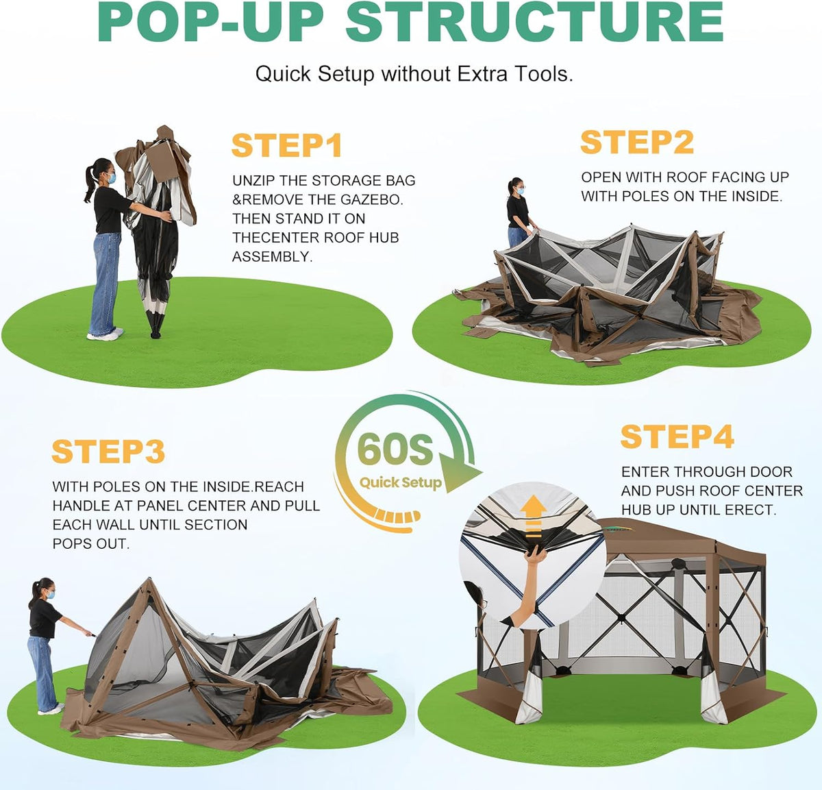 COBIZI 12x12 FT Pop Up Canopy Extendable Tent, Gazebos On Clearance with Removable Roof,Screened in Gazebo,Screen Tents Portable carpas para Patio for Outdoor Camping,Backyard, Garden,Brown(Upgraded)