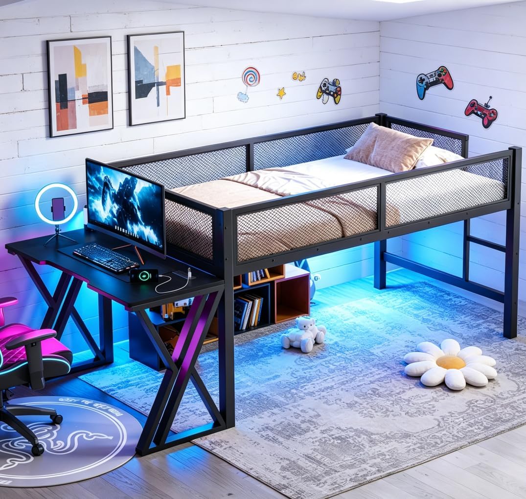 Bellemave Twin XL Loft Bed with Desk, Gaming mid loft Bed with Desk of X-Shaped Leg, LED for Adults, Teens, Kids, Black