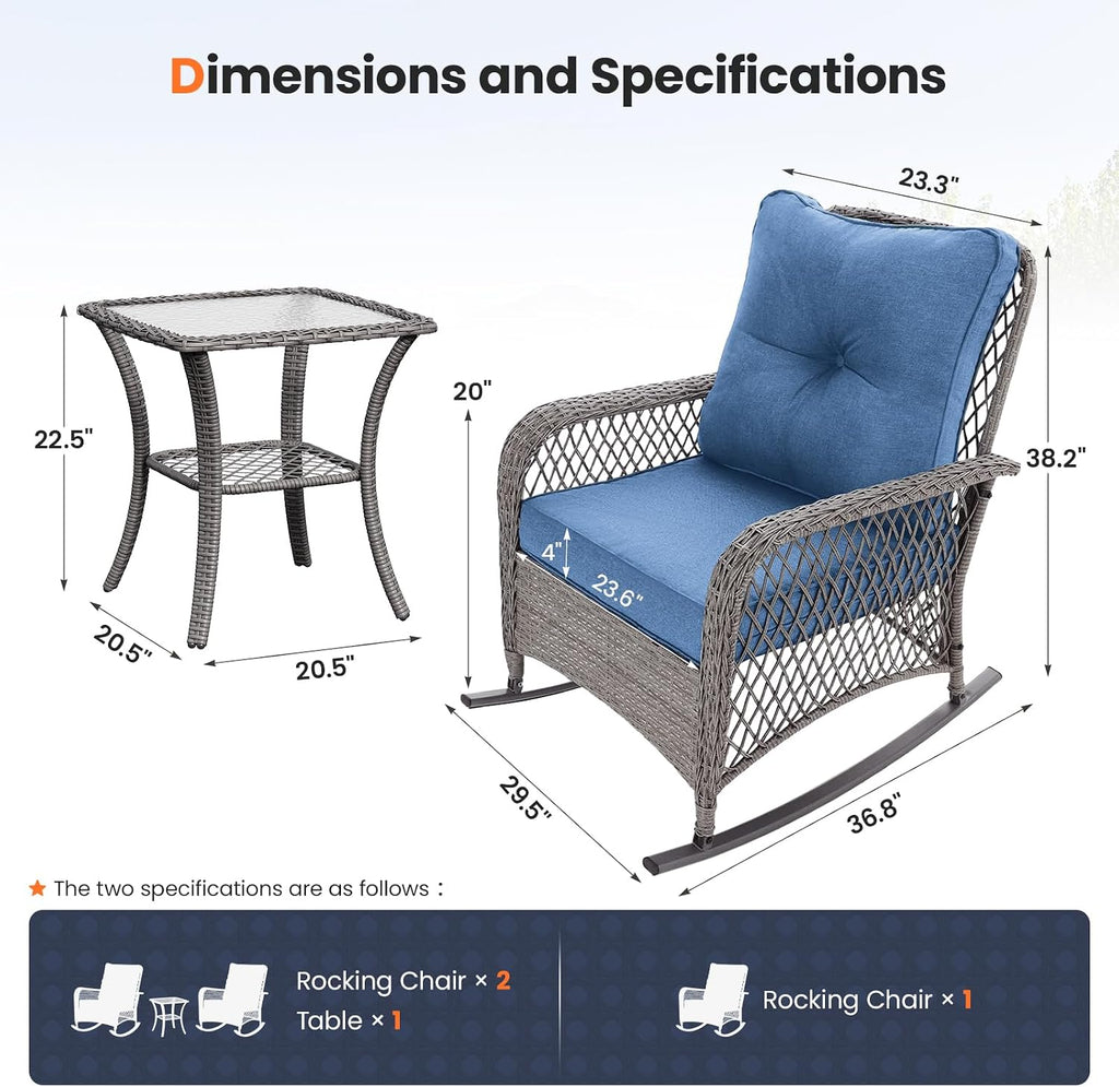 UDPATIO Rocking Chair Outdoor Set 2 with Coffee Table, 3 Piece Wicker Rocking Bistro Set with 4' Water-Resistant Cushions, Oversized, 350lbs Heavy-Duty, for Porch, Patio, Balcony, Grey/Blue