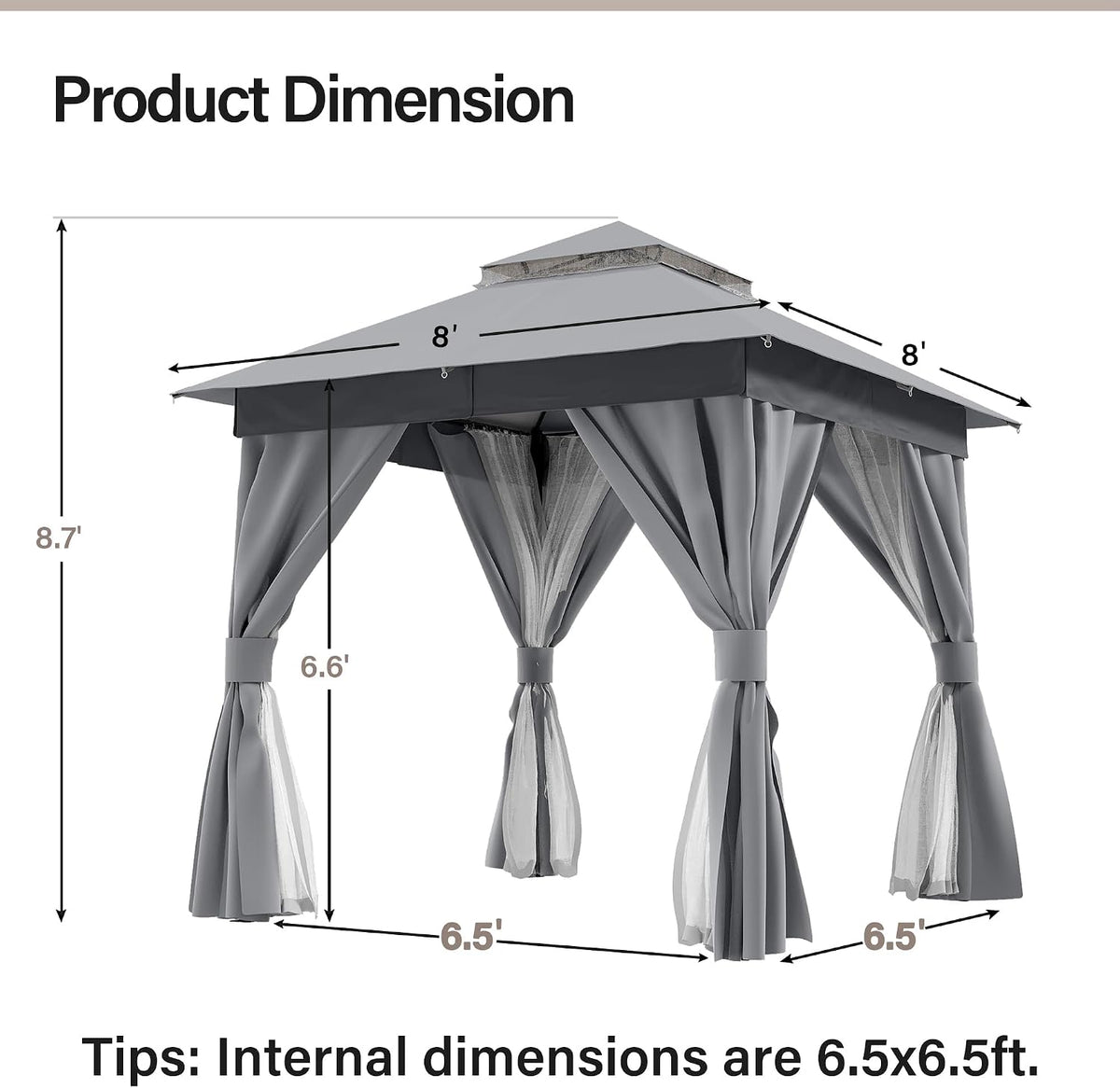 LAUSAINT HOME Patio Gazebo 8'x8', with 50ft Lights Outdoor Heavy Duty Party Tent Shelter with Double Roofs, Mosquito Nettings and Privacy Screens for Backyard, Garden, Lawn, Gray