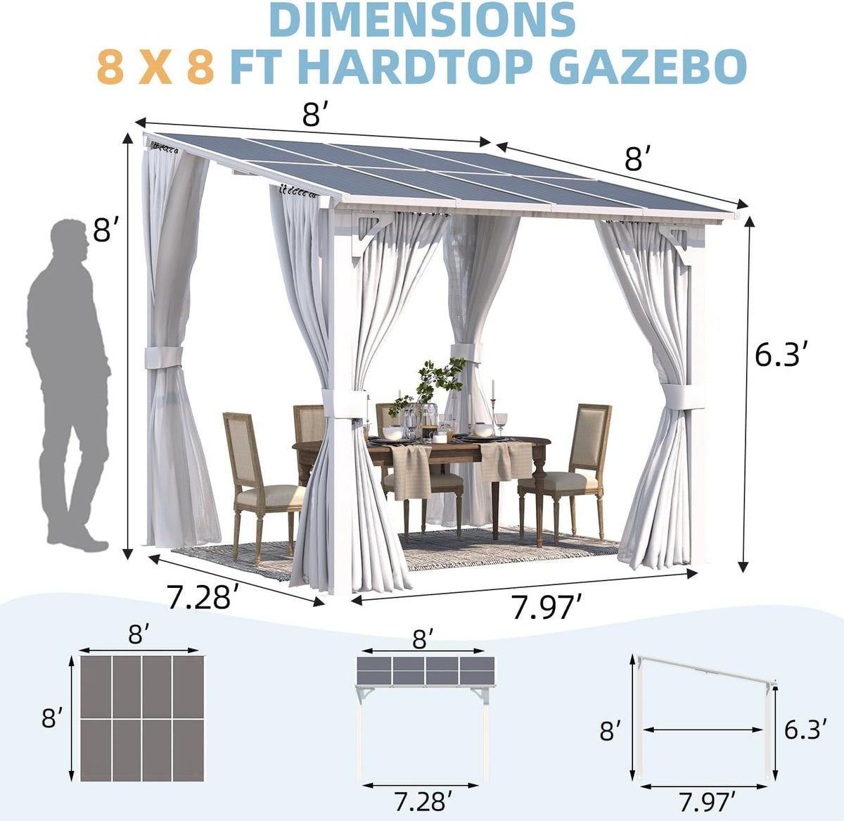 AECOJOY 8'x8' Outdoor Lean to Gazebo Pergola with Curtains and Netting for Patio, Small Wall Mounted Pergolas and Grill Gazebos Clearance, Heavy Duty Carport Metal Awnings Canopy for Deck in White