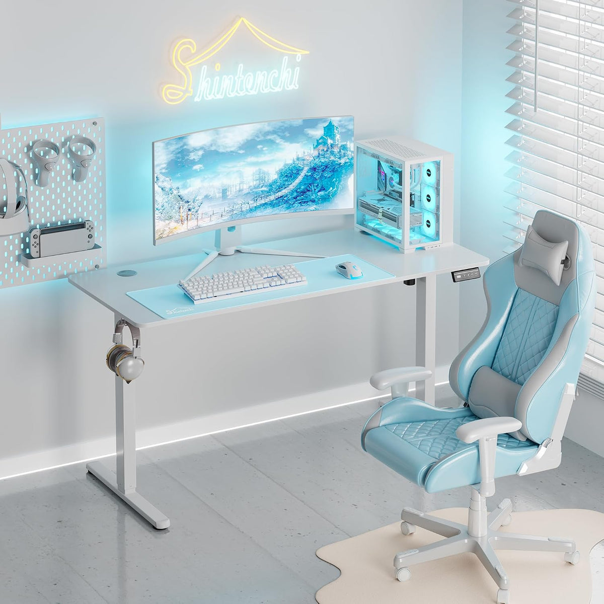 Shintenchi Standing Desk, 55x24 Inch Height Adjustable Electric Sit Stand up Desk, Ergonomic Rising Computer Table, Modern Lift Gaming Desk Workstation for Home Office, White