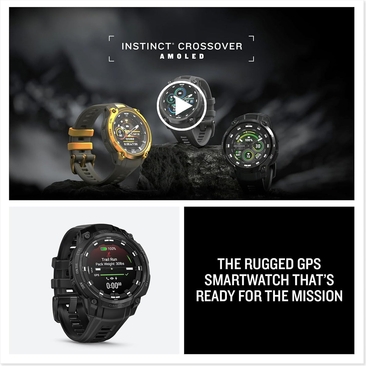 Garmin Instinct® Crossover AMOLED - Tactical Edition, Rugged Hybrid GPS Tactical Smartwatch with Analog Watch Hands and Bright AMOLED Display, Black with Black Silicone Band