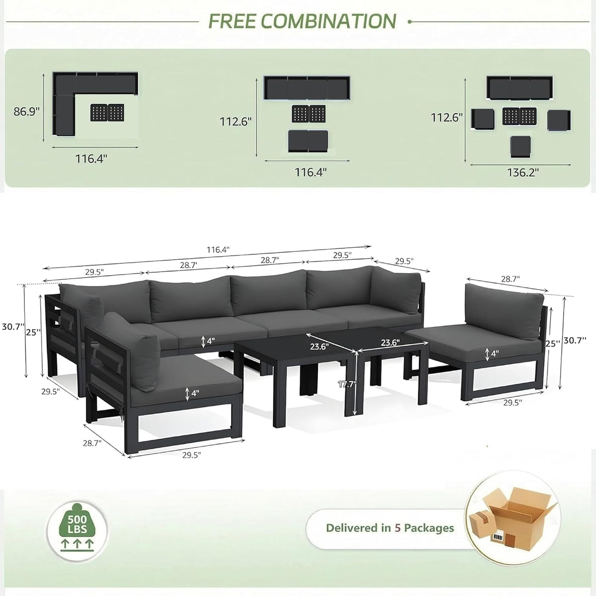 RADIATA 8 Pcs L Shaped Contemporary Aluminum Outdoor Furniture Set, 29' Deep Wide Couch Set for 500 lbs High Weight Capacity, Large Modular Patio Sectional Sofa with Coffee Table for Garden, Dark Grey