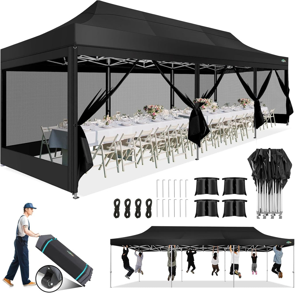 COBIZI 10x30 Canopy Tent, Heavy Duty Pop up Canopy with Sidewalls, Waterproof Easy Setup Canopy with Mosquito Netting, Outdoor Instant Screen Tents for Parties, Wedding with Roller Bag, Black